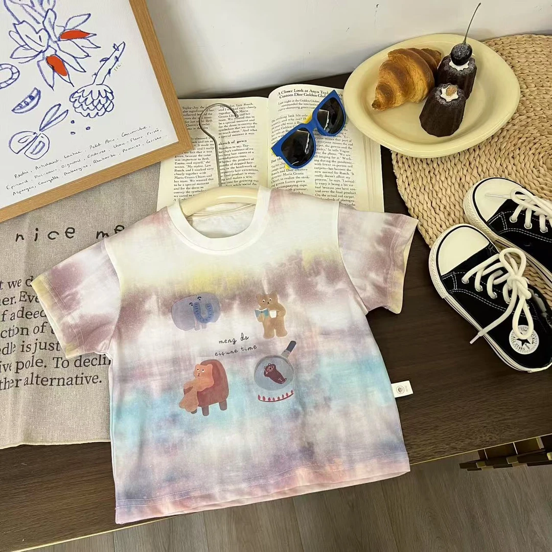 儿童夏季卡通动物彩色扎染短袖H2065