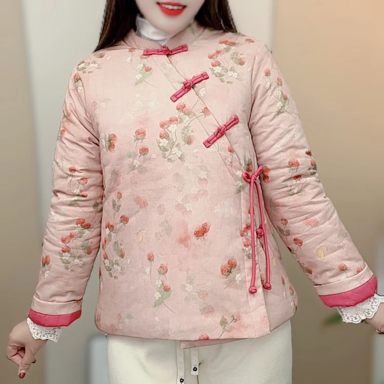 冬季斜襟加厚棉服国风盘扣系带印花外套女短款棉衣