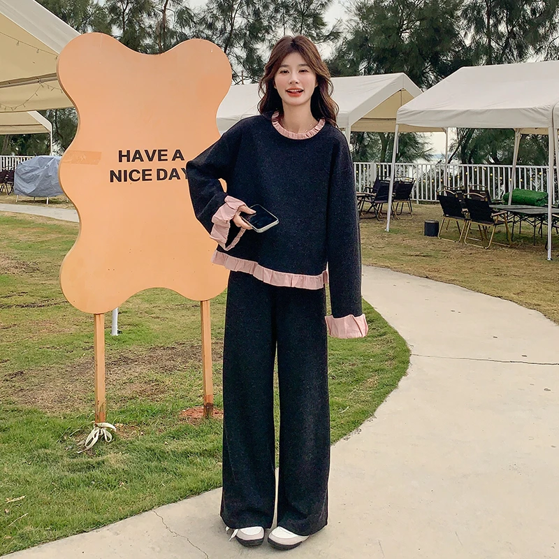 韩系木耳边撞色拼接休闲套装女2025春秋季慵懒风显瘦阔腿裤两件套