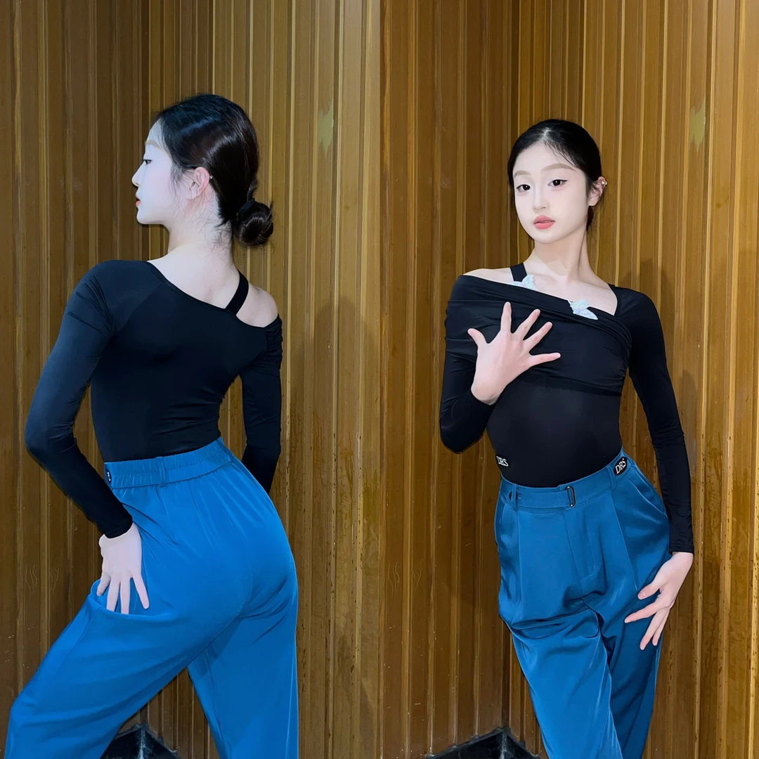 DRS白蝴蝶长袖秋冬美背拉丁舞专业黑色气质2025新款训练服百搭