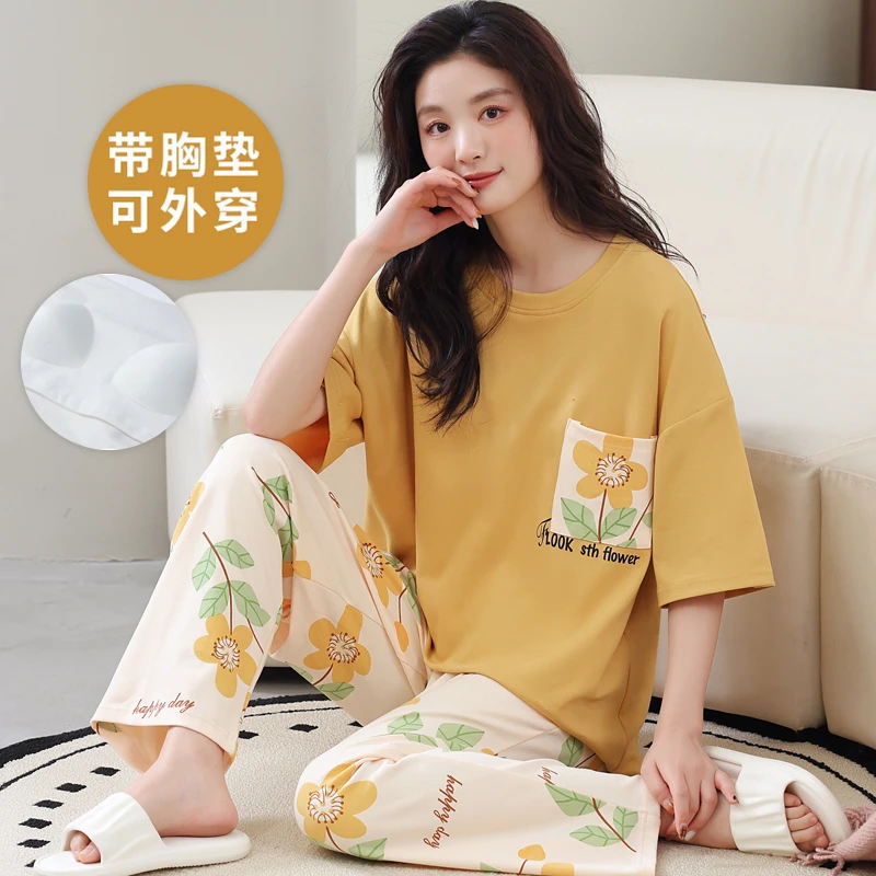 夏季短袖大码睡衣套装自带胸垫一体长裤家居服女士可外穿韩版卡通