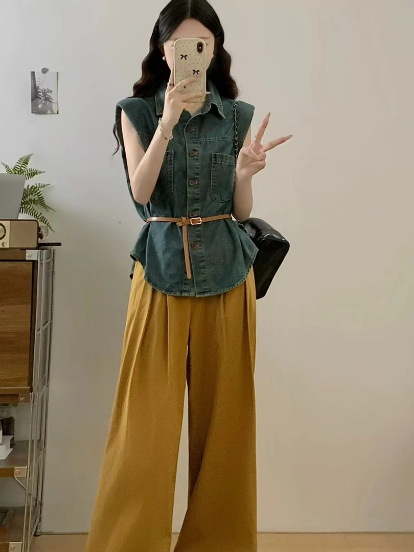 2551#高级感复古无袖牛仔上衣阔腿裤两件套【直播间为准】D3-1