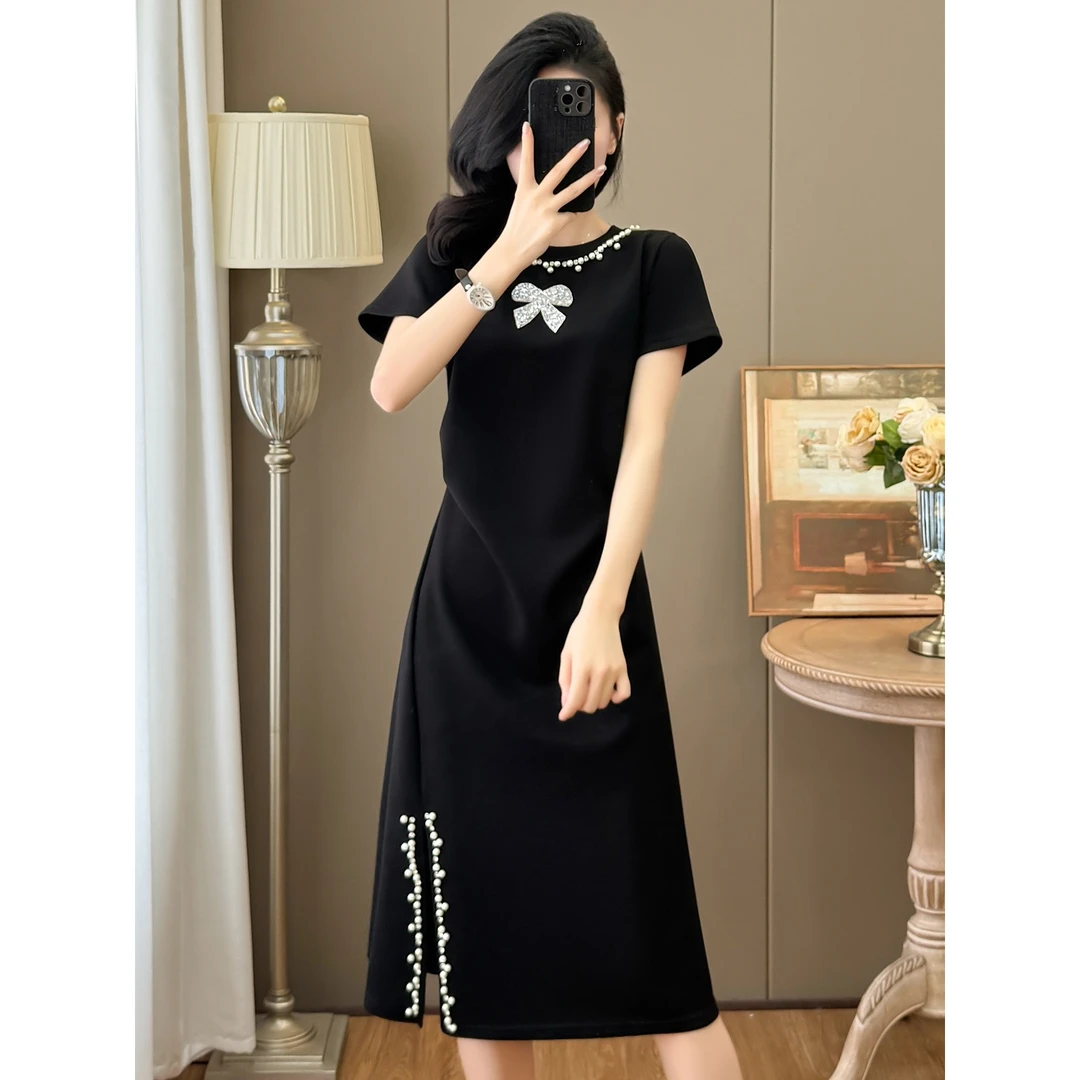 【晨浠定制】新款时尚气质高级感重工钉珠烫钻蝴蝶结收腰T裙371