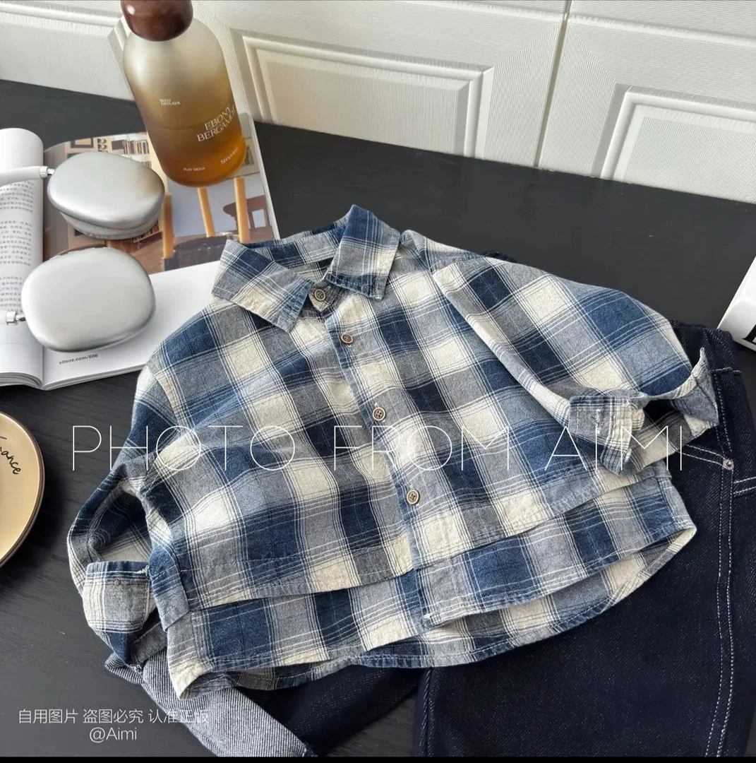 男童秋款衬衫外套2025新款经典格纹拼接上衣宝宝韩版潮酷百搭外穿