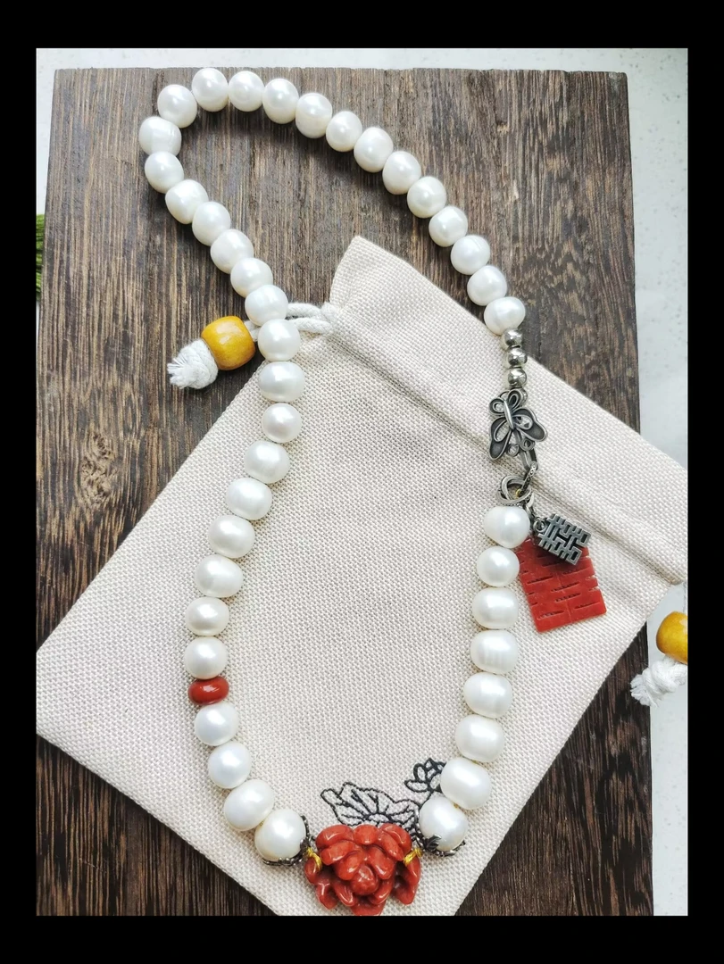 红翡，珍珠，老银项链