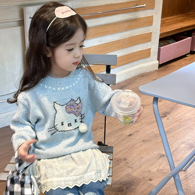 【橘子家】现货~女童蓝色毛衣儿童卡通KT猫圆领针织衫HS2038