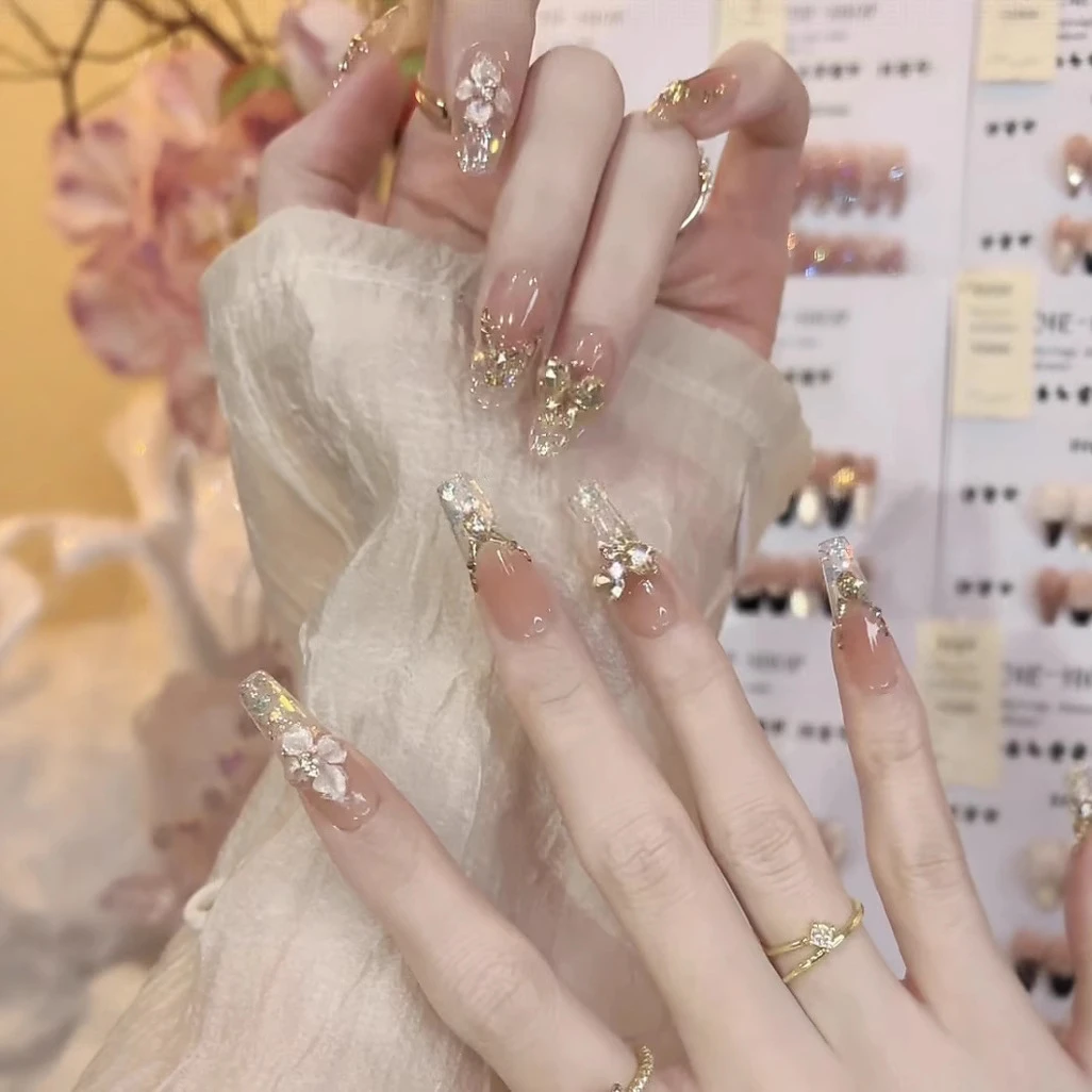 【幻梦】纯手工穿戴甲夏日水晶花香槟爱心光疗美甲贴片可拆卸