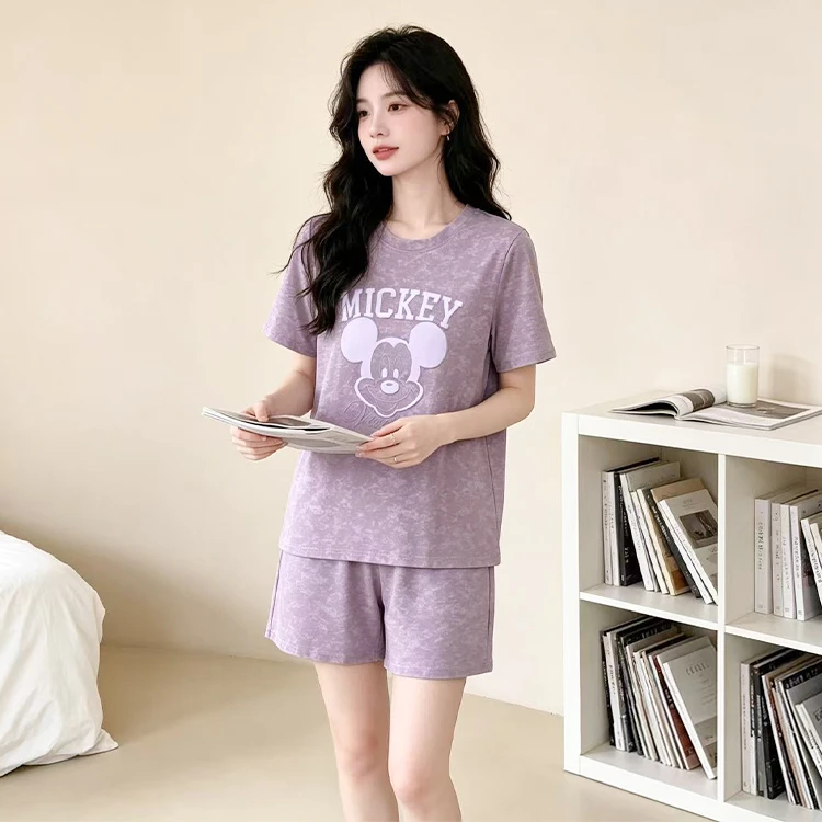 女夏季新款睡衣凉感纯棉短袖短裤韩版外穿家居服套装(扎染米奇)