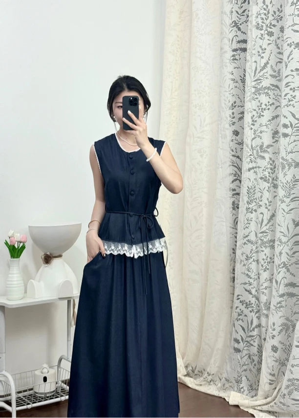 【诗婳家】法式蕾丝花边无袖牛仔马甲半身裙套装