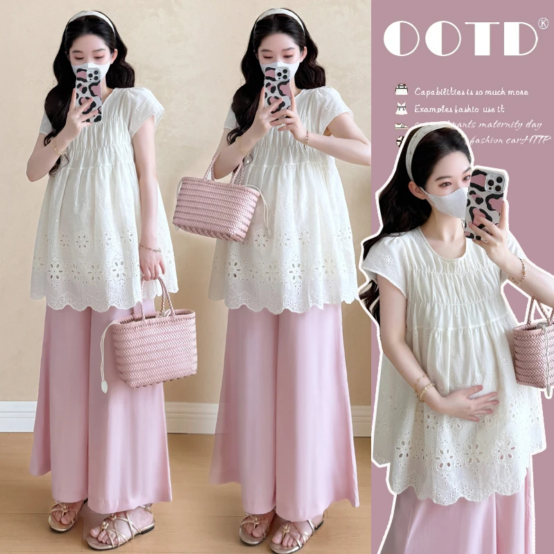 孕妇装夏季套装2025新款孕妈高级穿搭阔腿裤裙短袖上衣孕期两件套