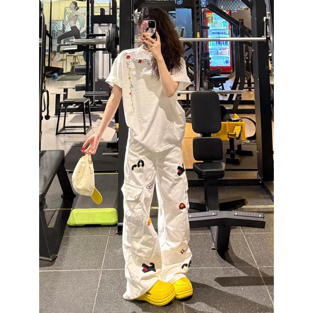 美式辣妹慵懒风刺绣工装裤女夏季薄款个性宽松显瘦直筒阔腿牛仔裤