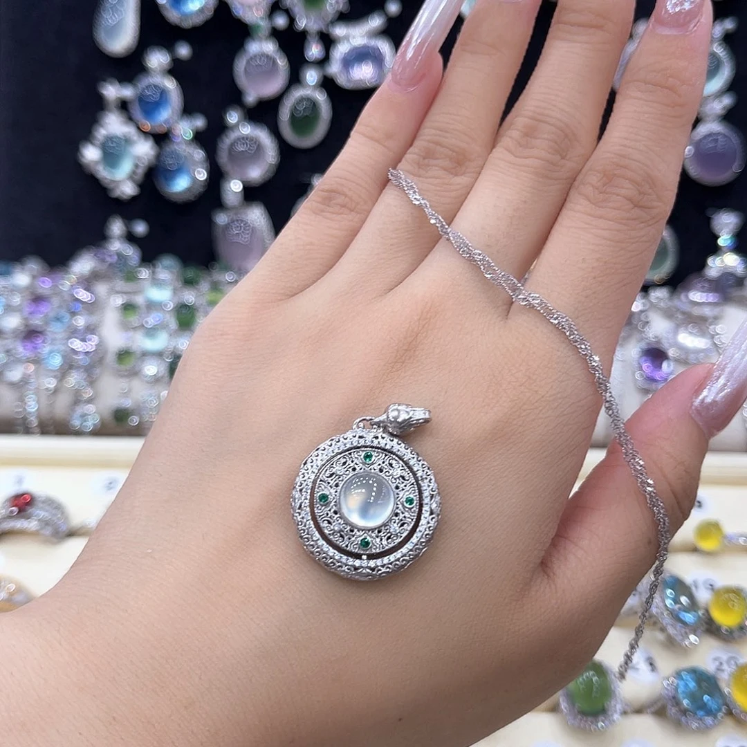 蛇纹石玉银S925镶嵌吊坠今****b