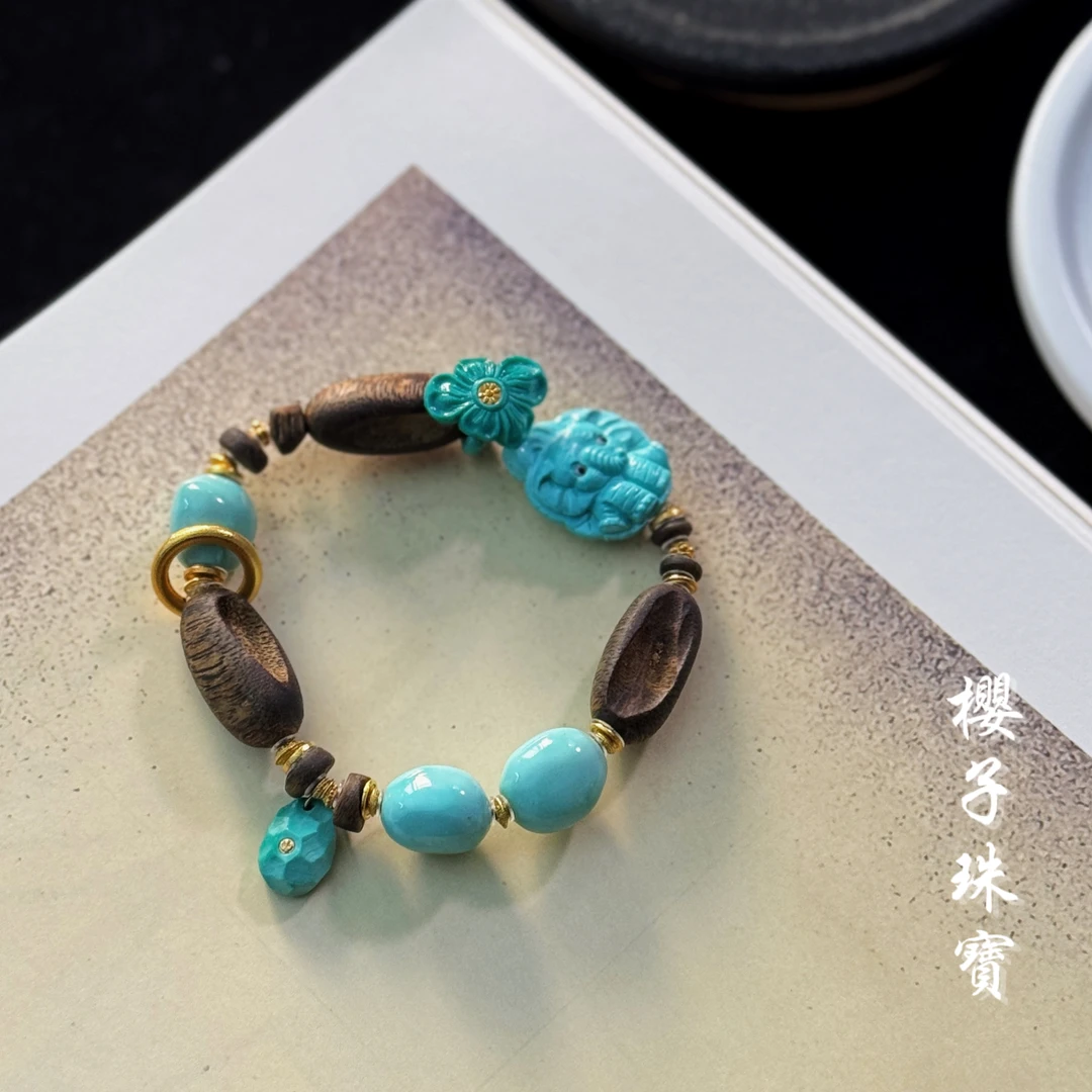 樱子 | 随春 奇楠沉水沉香18K金原矿高瓷绿松时尚手串*YZCS1829