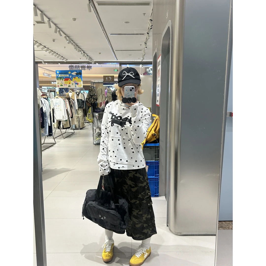美式街头波点连帽卫衣女秋冬季腊肠狗印花帽衫修身纯棉长袖上衣潮