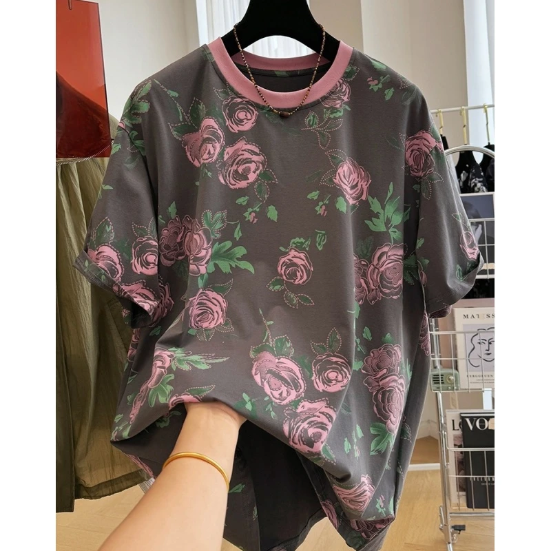 2025新款复古印花洋气圆领短袖T恤女夏季独特ins宽松半袖上衣体恤