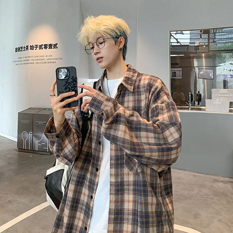 元赫港风格子长袖衬衫男士春秋季新款潮牌宽松休闲痞帅上衣外套