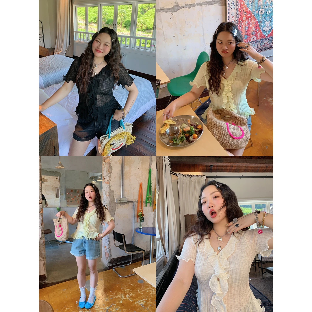 Dazi金大支V领木耳边上衣小衫0103/0231微胖独特漂亮掐腰法式小衫