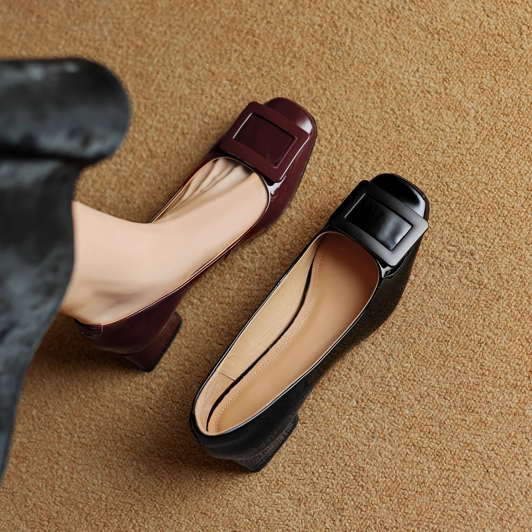 真皮法式方扣浅口单鞋女中跟2025春秋新款粗跟方头瓢鞋通勤工作鞋