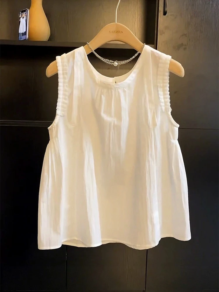 法式甜美气质压褶无袖衬衫女装2025夏季新款百搭休闲纯色漂亮小衫