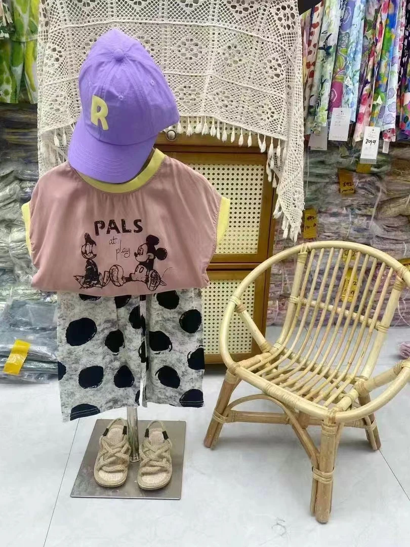 T016山东人造棉儿童套装外穿裙子裤子上衣断码清仓夏棉绸洋气时尚