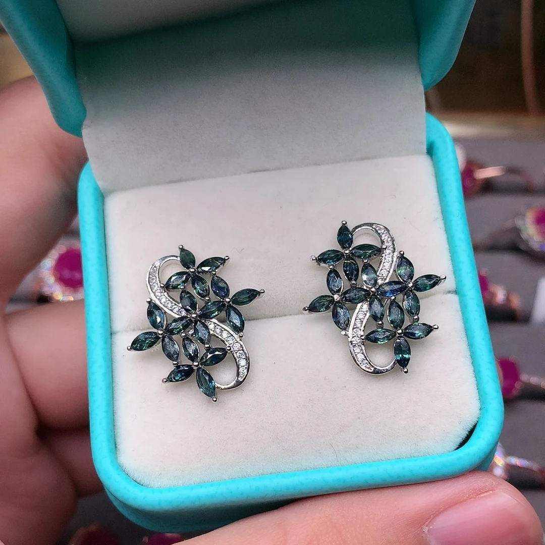 蓝宝石耳饰银S925镶嵌