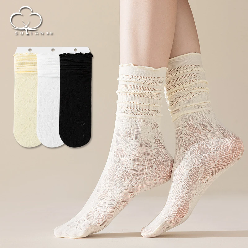 袜子女中筒袜夏季薄款棉袜透气吸汗镂空小花木耳边长筒女士袜秋冬