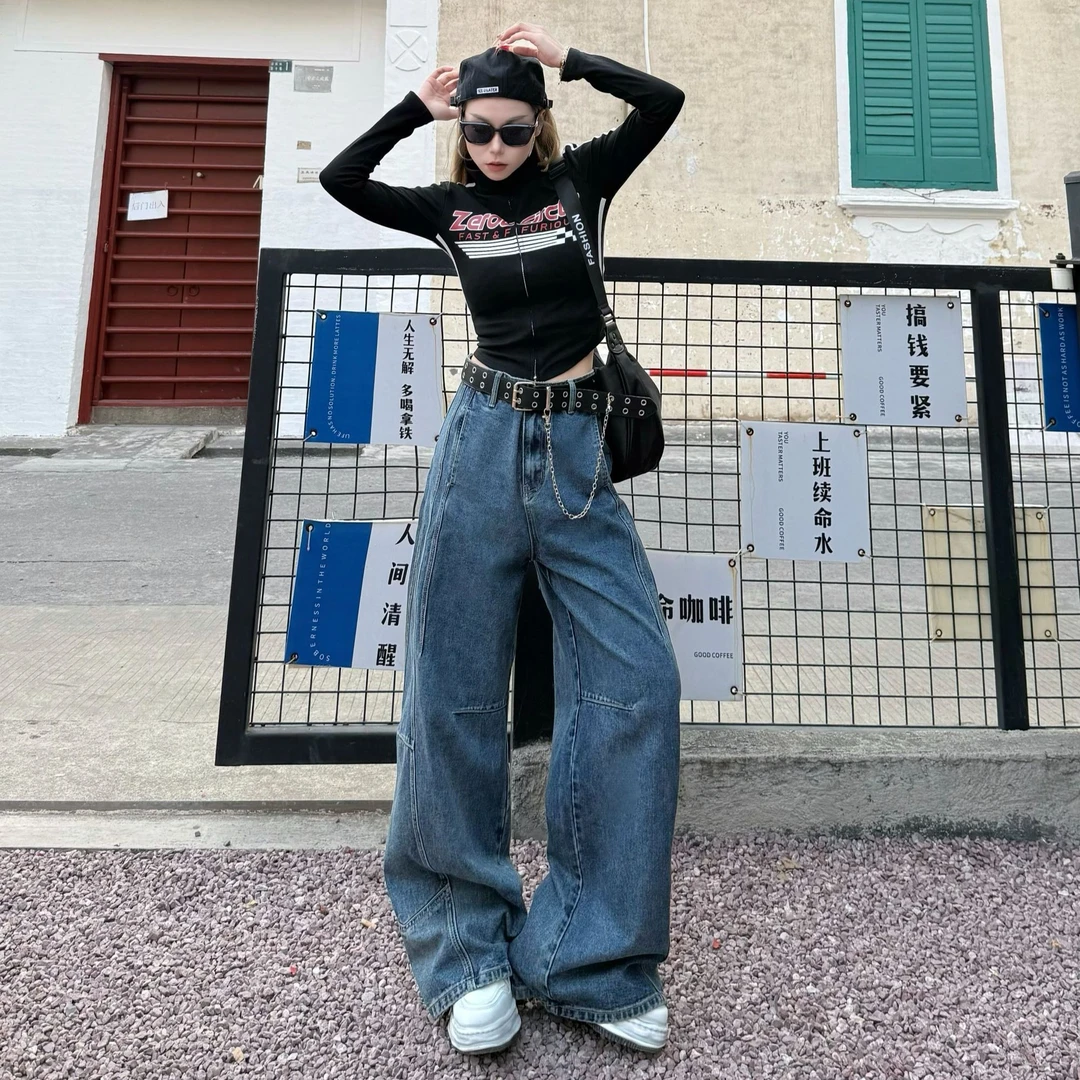 重工水洗做旧阔腿牛仔裤女2025春季新款休闲直筒拖地裤子女款