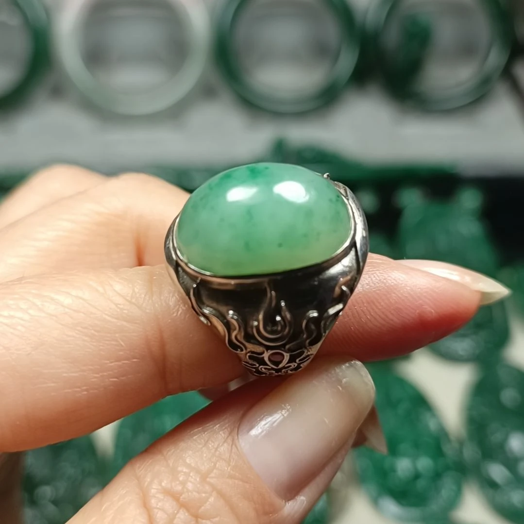 独山玉戒指银S925镀金镶嵌