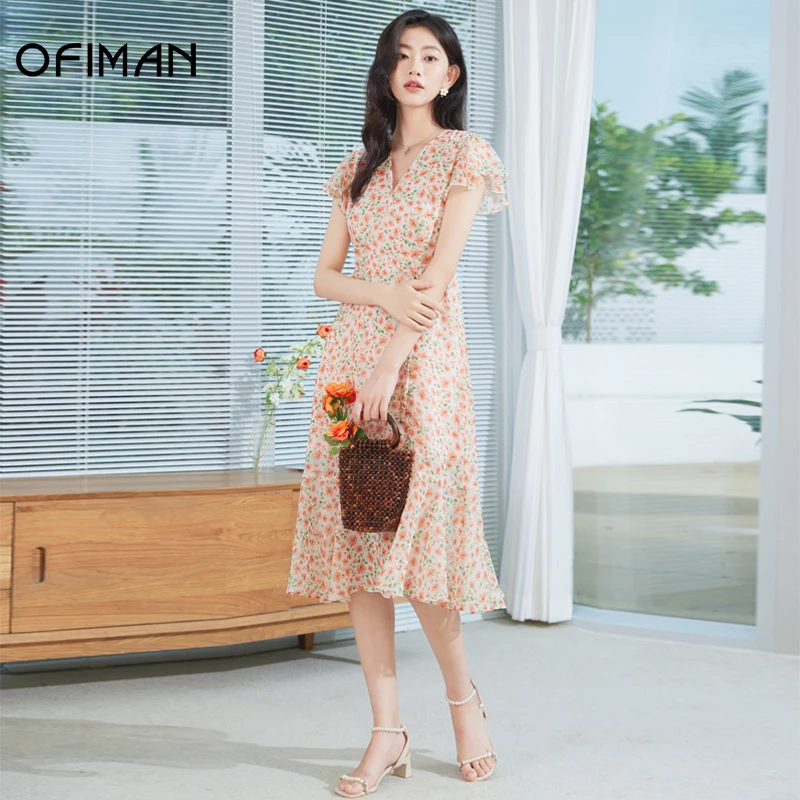 【粉丝专属】Ofiman碎花荷叶边大摆茶歇裙子海边度假风雪纺连衣裙