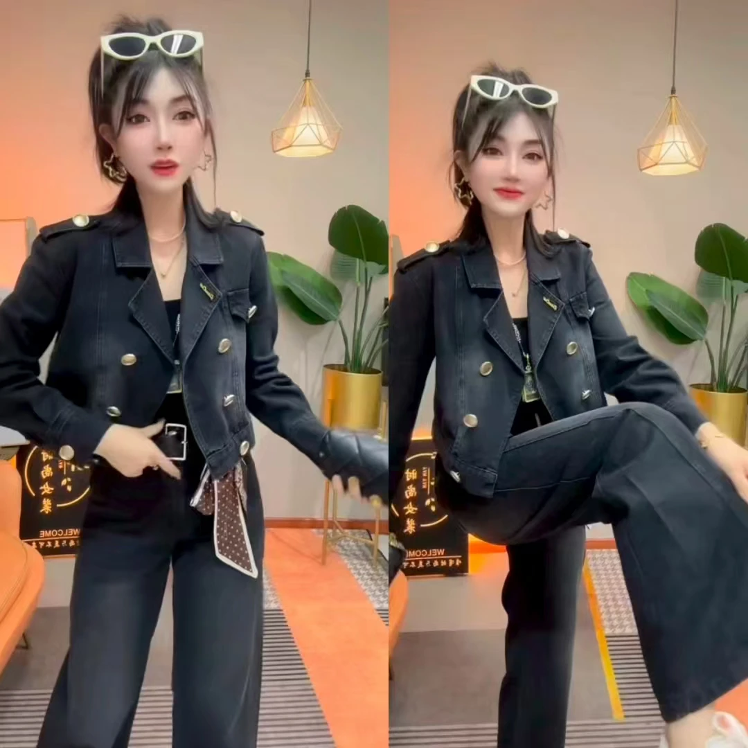 欧货时尚套装翻领牛仔套装秋季黑色韩版洋气外套气质显瘦休闲裤潮