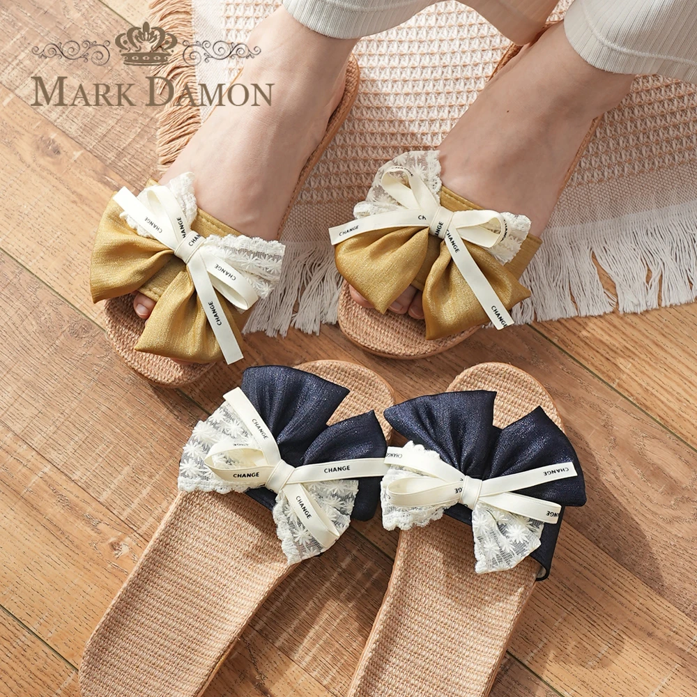 2025新款亚麻藤草韩版蝴蝶结女可外穿轻便透气家居室内凉拖鞋防滑