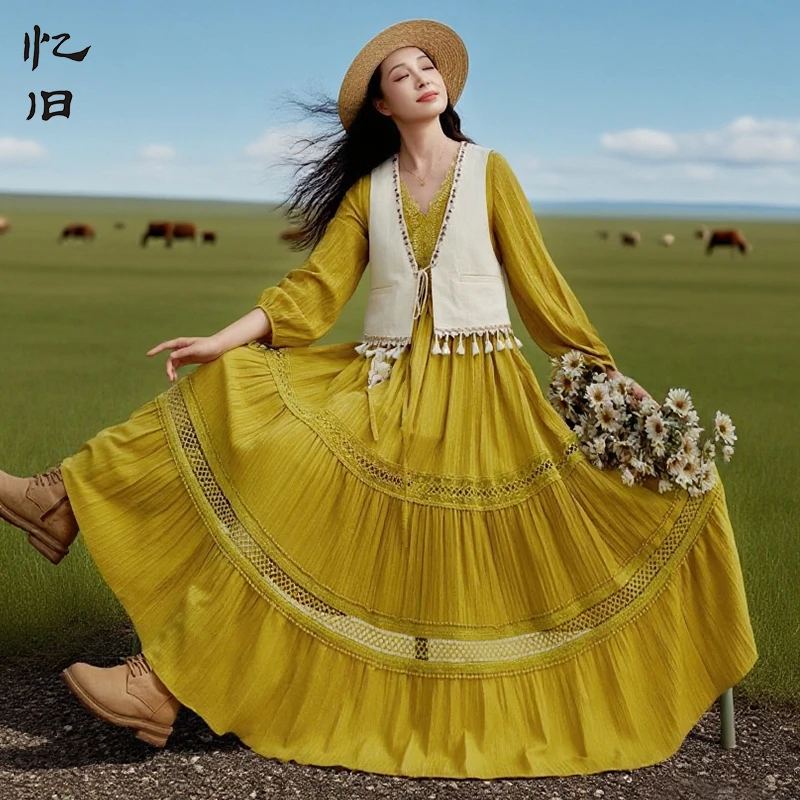 【出游日记】复古大摆连衣裙女夏季2025新款宽松蕾丝拼接荷叶边裙