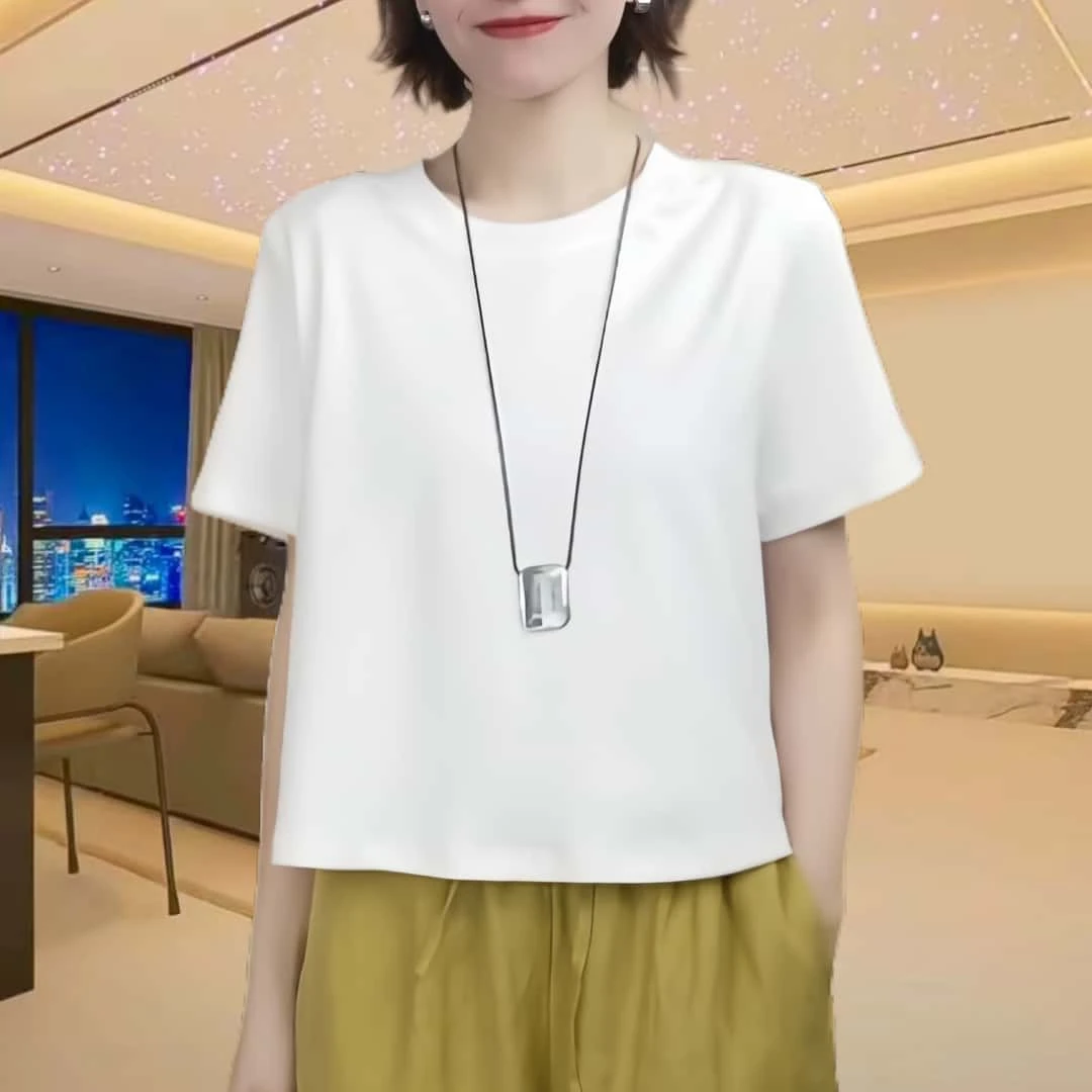 夏季新款宽松短袖圆领T恤女套头衫2025休闲简约百搭减龄纯色上衣