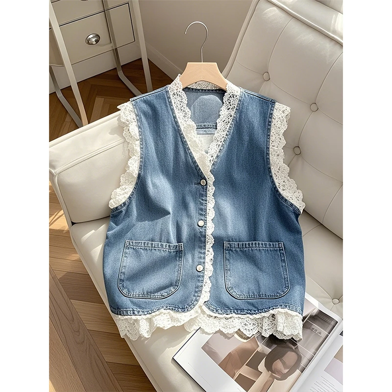 今年流行爆款蕾丝拼接牛仔马甲女2025夏季新款小个子无袖坎肩上衣