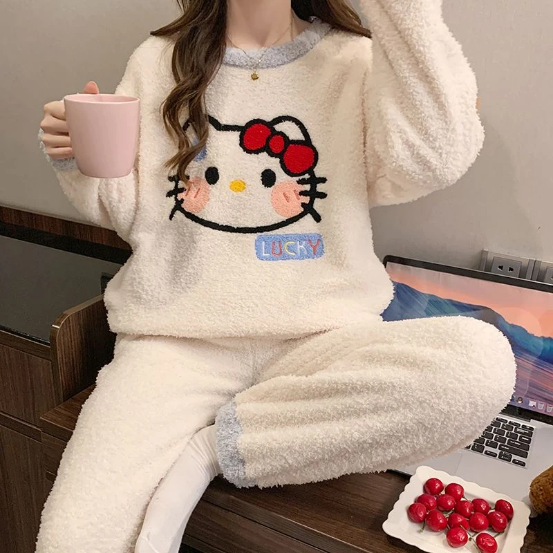 甜美可爱凯蒂猫半边绒睡衣女秋冬新款卡通加绒加厚保暖家居服套装
