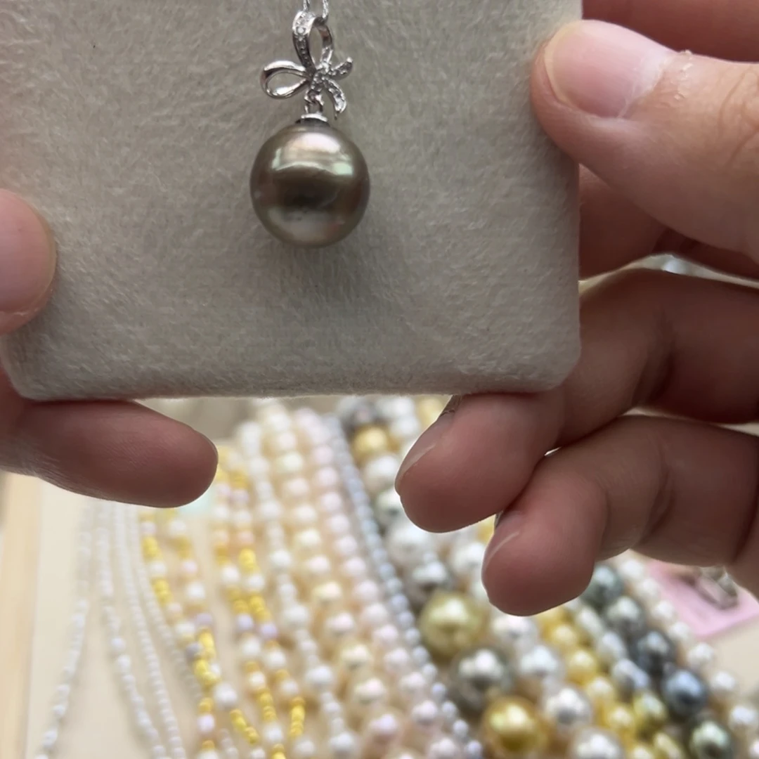 银S925镶嵌吊坠(不含链)海水珍珠12.9mm大溪地巧克力