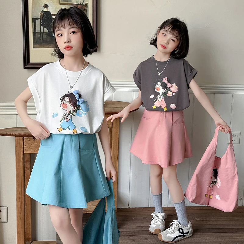 2025新款女童卡通小女孩百褶裙套装中大童夏日潮流元气时尚休闲风