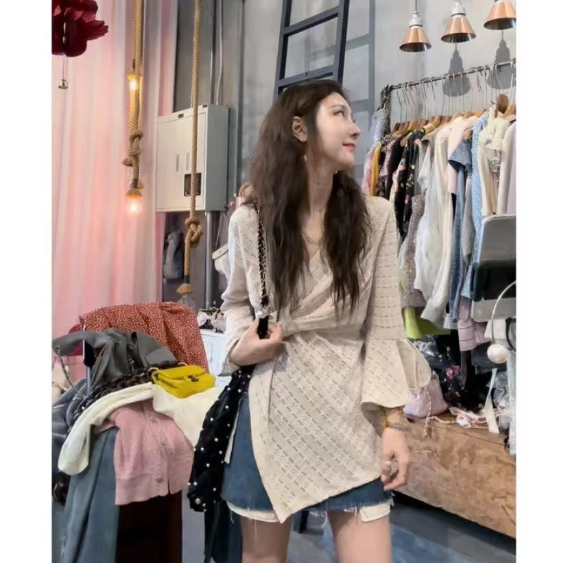 【现货】法式蕾丝提花刺绣条纹不规则珍珠衬衫