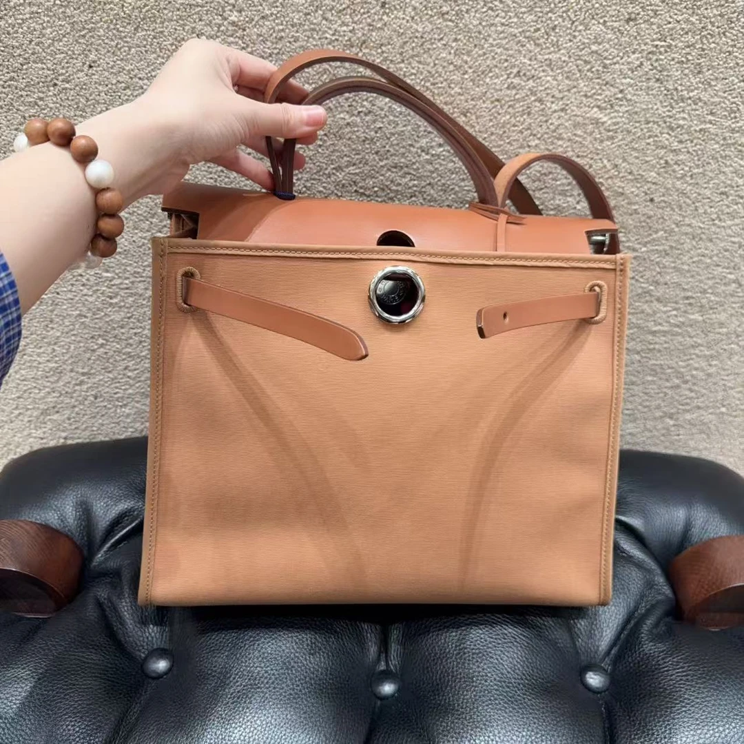 99新 Hermes/爱马仕 herbag31 金棕拼帆布内拼玫瑰紫 内缝 银扣！
