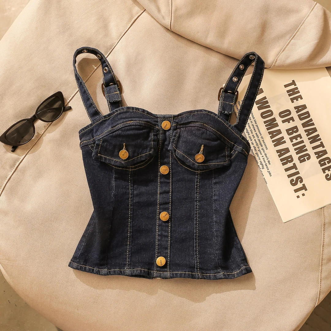 美式复古港风牛仔吊带背心女2025夏时尚休闲修身显瘦美背无袖上衣