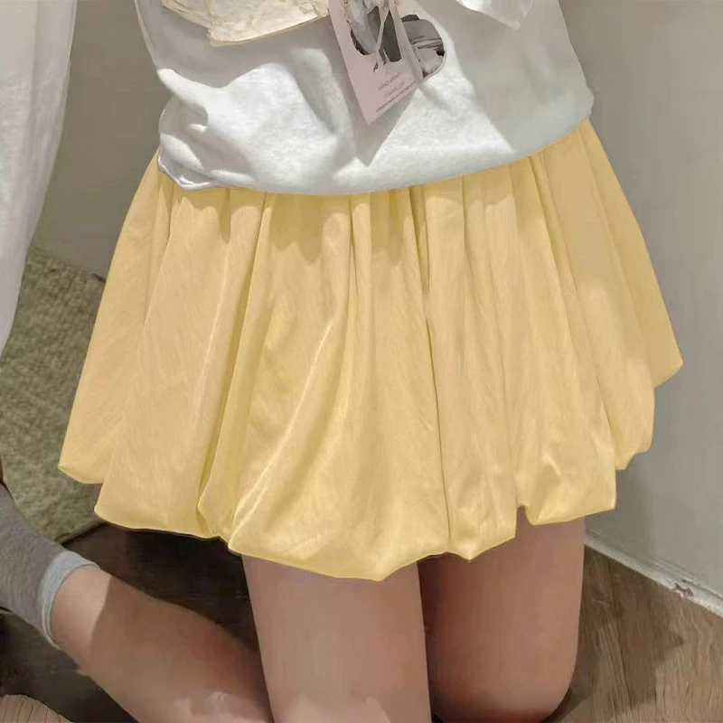 黄色蓬蓬花苞裙裤女夏新款小个子百褶半身裙高腰显瘦a字休闲短裤