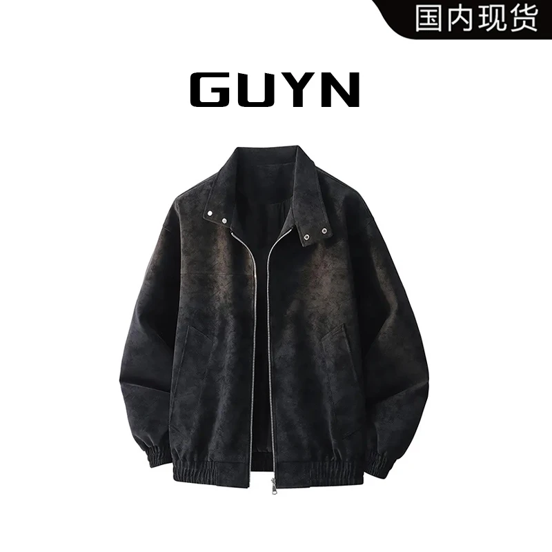 【品牌现货】GUYN秋冬新款纯色翻领机车皮衣男美式复古宽松百搭外套