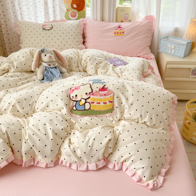 a类母婴花边超柔双层纱床上四件套被套ins风学生宿舍床单三件套笠