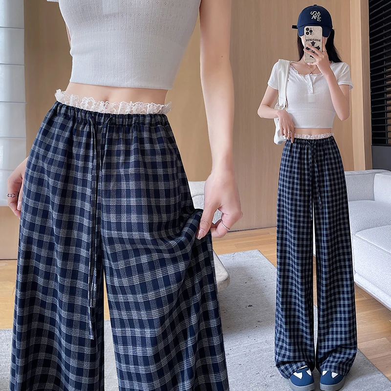 La Chapelle/拉夏贝尔韩系蕾丝格子阔腿裤女春夏高腰直筒休闲裤