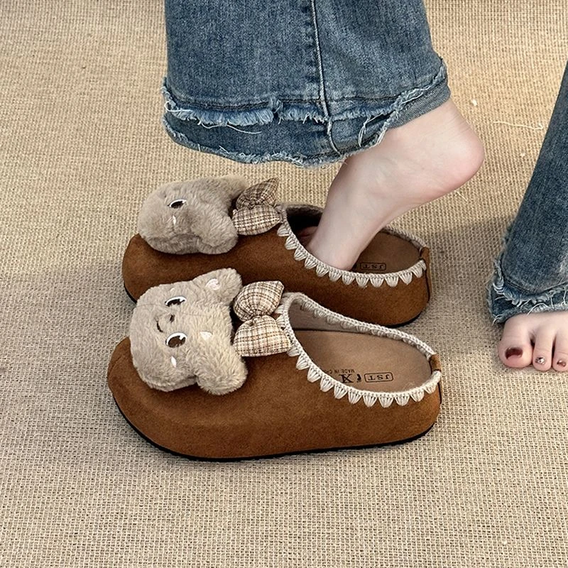 卡通甜美蝴蝶结小熊厚底包头半拖鞋女士2025冬季新款时尚毛毛拖鞋