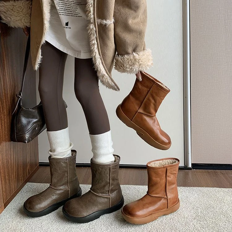 【雨嘉】4CM水洗牛皮羊羔毛雪地靴秋冬季新款厚底圆头短靴