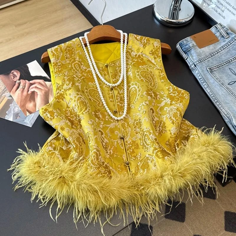 毛毛盘扣坎肩新中式国风马甲背心秋冬夹棉马夹重工提花叠穿上衣