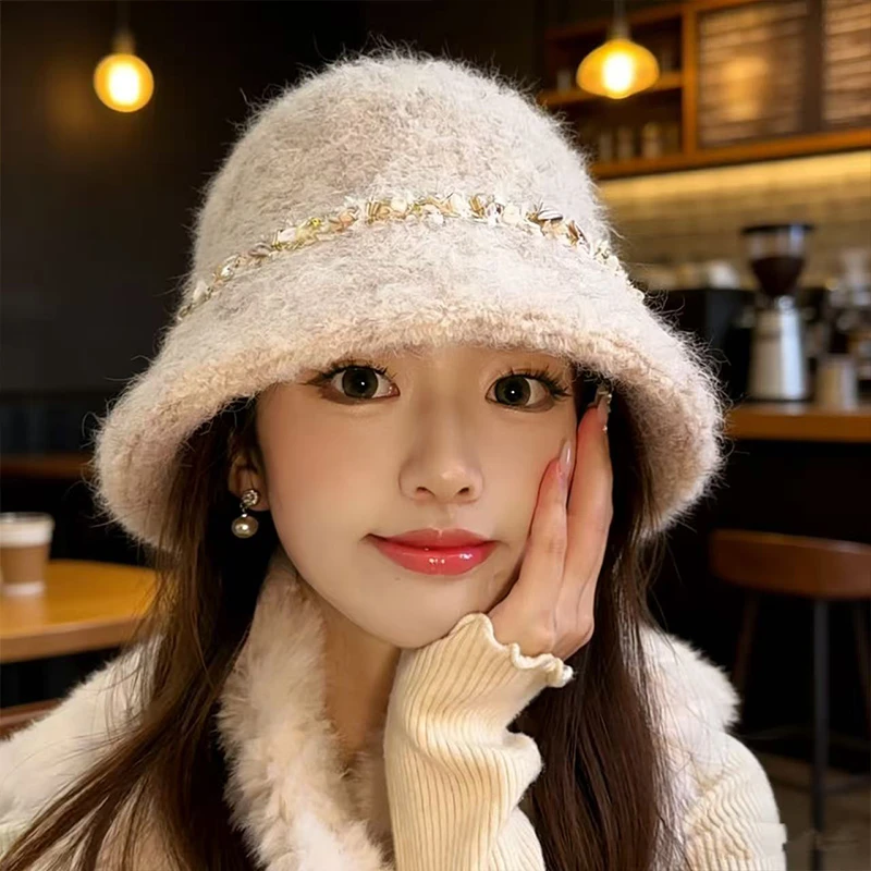 显脸小气质毛绒渔夫帽女士秋冬季新款羊毛水桶帽子保暖盆帽小香风