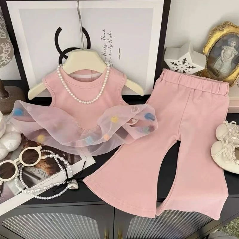 【甜美球球】女童2025夏季套装百搭背心九分喇叭裤套装