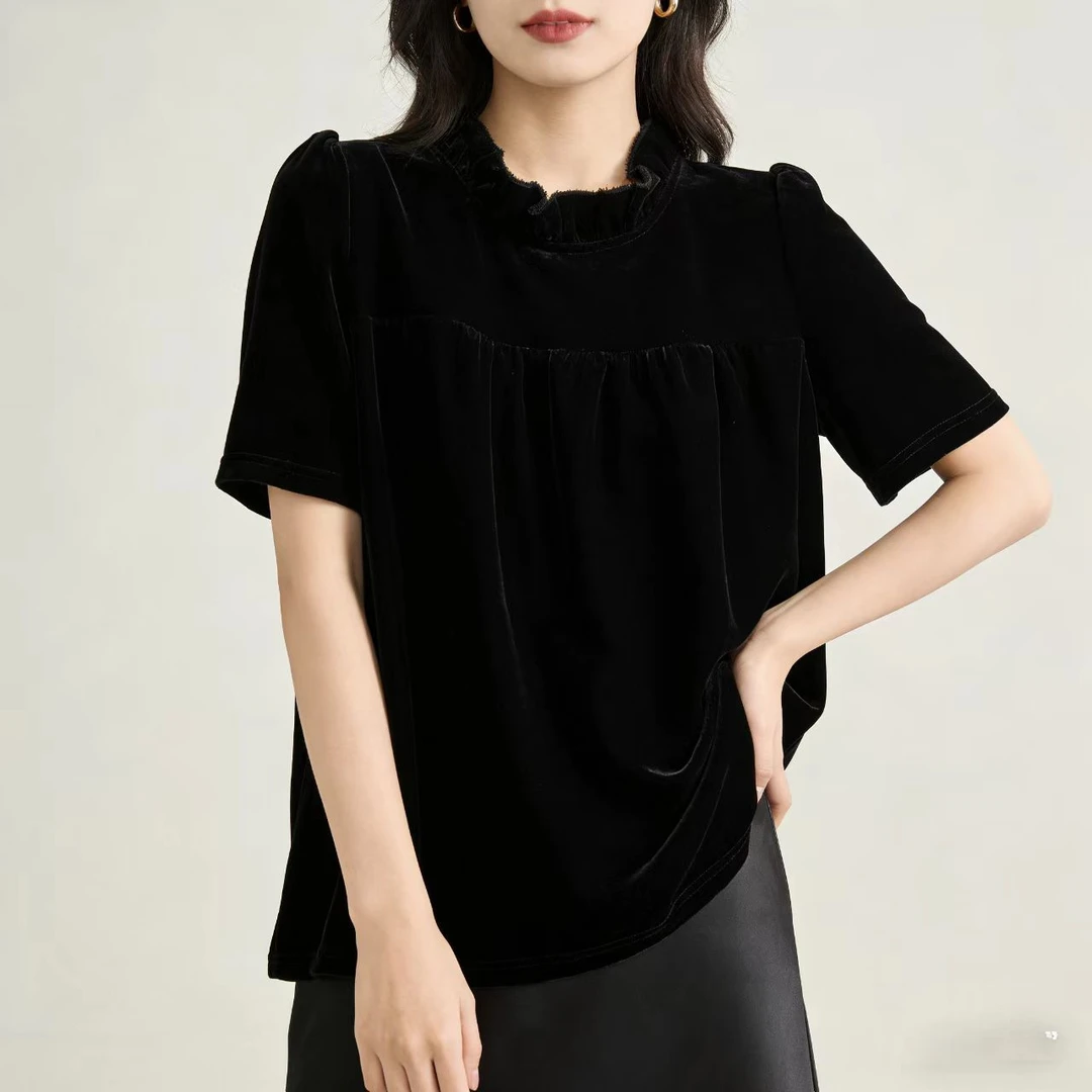 D8915立领纯色丝绒T恤衫女秋冬新款抽褶宽松时尚半袖打底衫上衣